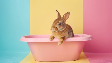 Wall Mural - brown baby bunny sit in pink bathtub isolated on colorful background