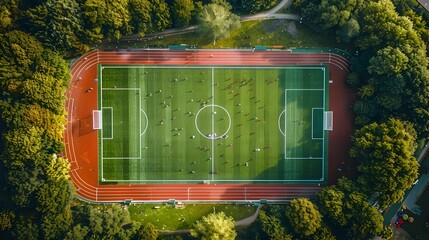 A soccer field with a large group of people playing