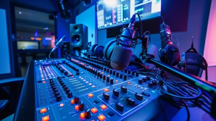 Poster - A close-up of a mixing board in a radio studio, with a microphone and headphones visible in the background.