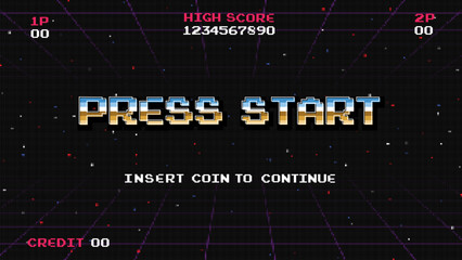 Aufkleber - PRESS START INSERT A COIN TO CONTINUE .pixel art .8 bit game.retro game. for game assets in vector illustrations.Retro Futurism Sci-Fi Background. glowing neon grid.and stars from vintage arcade comp