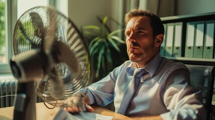 An office worker in a shirt and tie cools off with a fan in a hot office