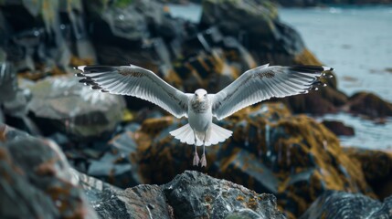 Aufkleber - A seagull with outstretched wings preparing to land gracefully on a rocky shore.