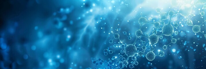 Poster - Digital visualization of molecular structures in a bright blue environment. Ideal for chemistry and scientific research concepts.