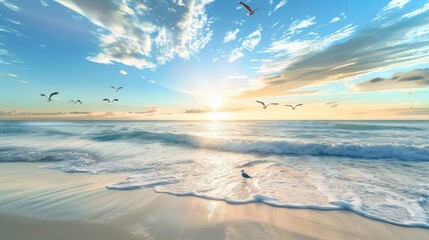 Poster - A serene beach scene with the last rays of sunlight illuminating seagulls and gentle waves rolling ashore.