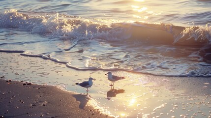 Poster - A serene beach scene with the last rays of sunlight illuminating seagulls and gentle waves rolling ashore.