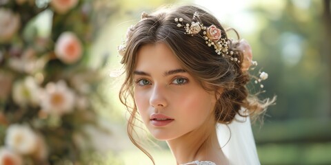 Sticker - A perfect wedding portrait of a beautiful young bride with a stylish hairstyle and floral wreath, posing elegantly.