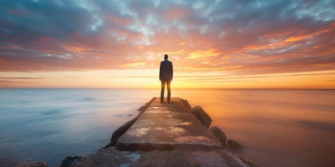 Wall Mural - A man stands on a pier looking out at the ocean. The sky is a mix of orange and pink hues, creating a serene and peaceful atmosphere. The man is lost in thought