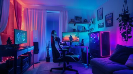 Poster - A brightly lit gaming room with blue and pink lights, a gaming chair, a computer, and a couch.