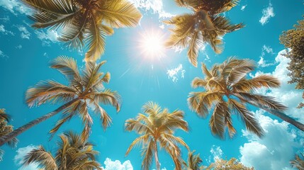 Sticker - A sunny tropical background with palm trees and a blue sky. A view from below