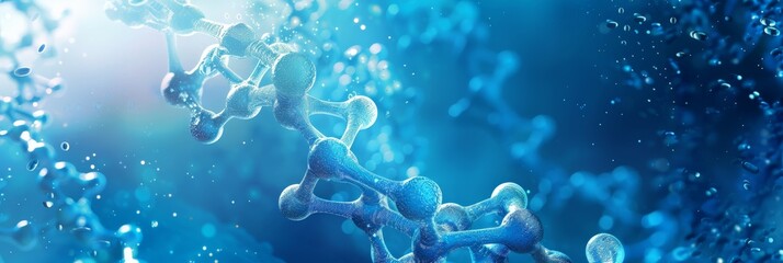 Poster - Blue DNA strand with molecular structures in a bright background. Concept for genetic research and molecular biology in medical and scientific fields.