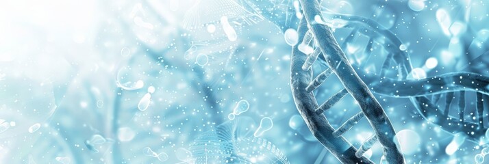 Poster - Close-up of a DNA strand with light blue and white particles in a bright background. Molecular structure and genetic research concept for healthcare.