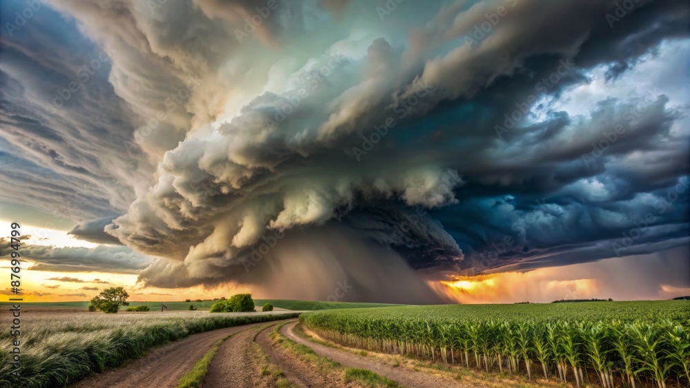 Turbulent supercell wall cloud sweeps across rural cornfield ...