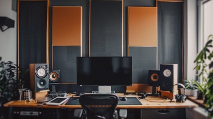 Poster - A home office workspace with a computer monitor, speakers, and headphones. The room is decorated with sound panels on the walls.