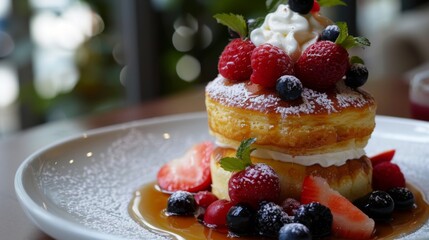 Poster - A stack of fluffy Japanese pancakes topped with fresh berries, whipped cream, and maple syrup.
