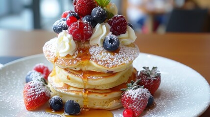 Poster - A stack of fluffy Japanese pancakes topped with fresh berries, whipped cream, and maple syrup.