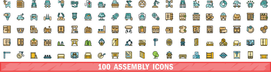 Poster - 100 assembly icons set. Color line set of assembly vector icons thin line color flat on white