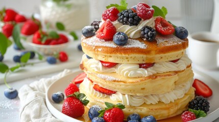 Poster - A stack of fluffy Japanese pancakes topped with fresh berries, whipped cream, and maple syrup.