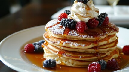 Poster - A stack of fluffy pancakes topped with fresh berries, maple syrup, and a dollop of whipped cream.
