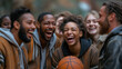 © Наталія Євтехова - A telephoto angle photo of a group of friends, all in vintage varsity jackets, laughing and enjoying a game of basketball at a local court, environmental scientists, engineers, act