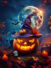 Canvas Print - Halloween pumpkin display with witch hat