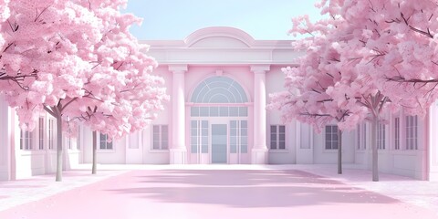 Wall Mural - Pastel Cartoon Style Anime School Background with Cherry Blossom Trees. Concept Anime, School Background, Pastel, Cherry Blossom Trees