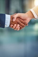 Poster - Business, office and people with handshake for partnership or deal and agreement for opportunity. Corporate, welcome and greeting or well done with support in meeting for teamwork and collaboration