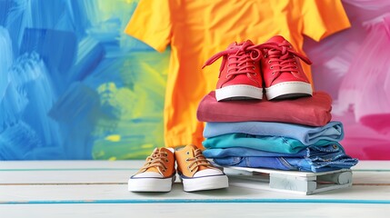 Children shoes stack of clothes and toy on white wooden table isolated on colorful background