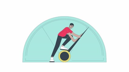 Aufkleber - Open your full potential line 2D animation. South asian man turning gauge arrow to maximum 4K video motion graphic. Increase productivity linear animated cartoon flat concept, white background