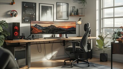 A modern home office with a desktop computer, a large monitor, and a comfortable gaming chair. The desk is made of wood and the walls are white. There are plants in the room to add a touch of life.