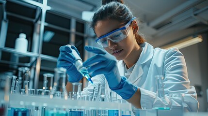 Poster - Female researcher working in the medical lab 