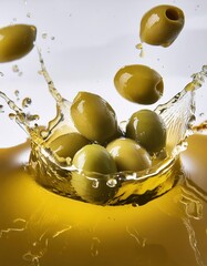 Wall Mural -  green olives in splashes of olive oil on a white background