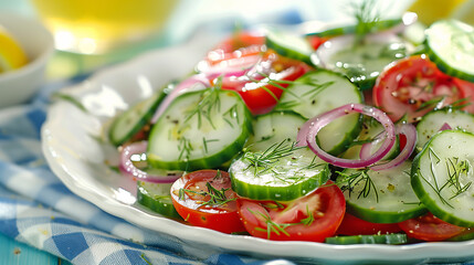 Wall Mural - a refreshing cucumber and tomato salad, with red onion, dill, and a light vinegar dressing, set on a white plate with a blue checkered tablecloth and a pitcher of lemonade in the background