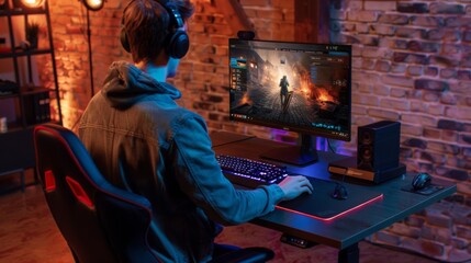 Poster - A person plays a video game on a computer with a large monitor in a room with a brick wall. The gamer is wearing headphones and using a keyboard and mouse.