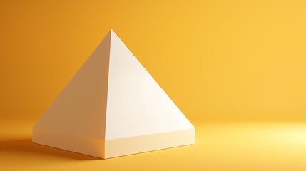 3D rendering of a geometric pyramid on a solid mustard yellow background.