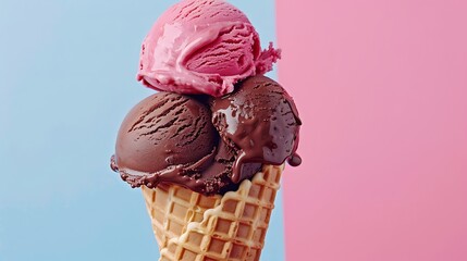 Wall Mural - Close up on chocolate and strawberry ice cream in the waffle cone isolated on pink and blue background