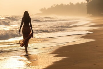 Wall Mural - Sri Lankan women walking beach sunlight.