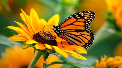 Closeup of a butterfly pollinating a teddy bear sunflower