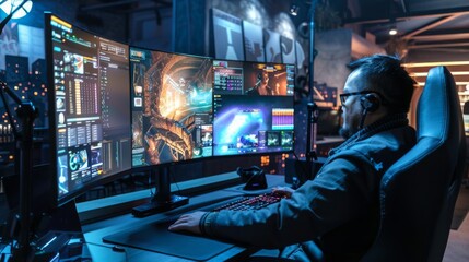 Poster - A man sits in a gaming chair in front of a desk, playing a game on multiple curved monitors. He is wearing headphones and is focused on the game.