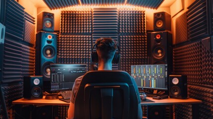 Poster - A man wearing headphones sits in front of a computer mixing music in a home studio with soundproofed walls.