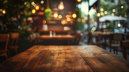 Wall Mural - Abstract blurred background of a restaurant with an empty wooden table for product display or montage