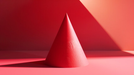 Wall Mural - Simple 3D render of a cone with soft shadows on a solid crimson red background.