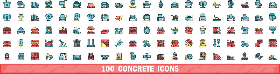 Wall Mural - 100 concrete icons set. Color line set of concrete vector icons thin line color flat on white