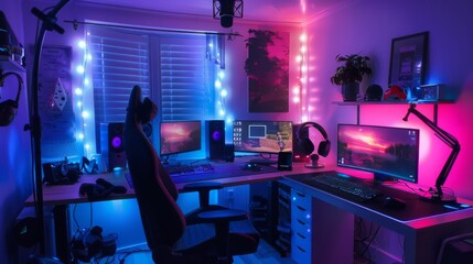 Wall Mural - A gaming desk with multiple monitors, a gaming chair, and a microphone setup is lit with blue and pink lights.