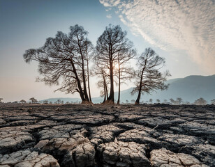 Dry soil texture with dead trees. Global warming and climate change concept