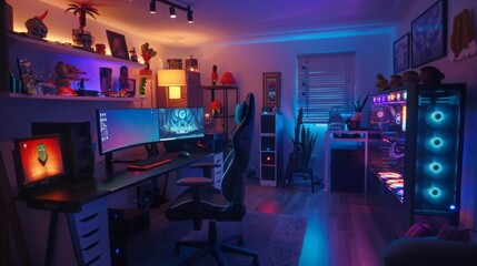 Poster - A gamer's room setup with multiple monitors, a gaming chair, and RGB lighting throughout.