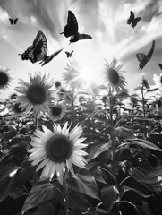 Poster - Field of Sunflowers with Butterflies