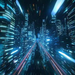 Wall Mural - Warp speed 3D rendering in a hyperloop with building lights blurring in a mega city at night. Represents next-gen tech, fintech, big data, 5G fast network, and machine learning.