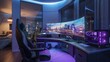© Prostock-studio - A modern gaming setup with a large curved monitor displaying a cityscape view. The desk is lit with purple LED lights and includes a powerful computer tower.