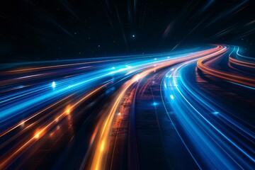 Poster - Light speed, blue and orange light streaks in space against a dark background.