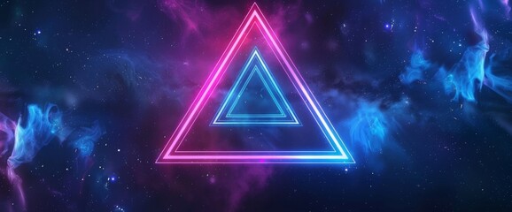 Poster - VJ background, glowing neon blue and purple triangle with laser light beams on dark background.